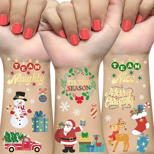Decoraciones de Navidad, tatuajes temporales, 52 estilos de purpurina para niños, equipo travieso, bonito recuerdo de fiesta de Navidad, árbol de