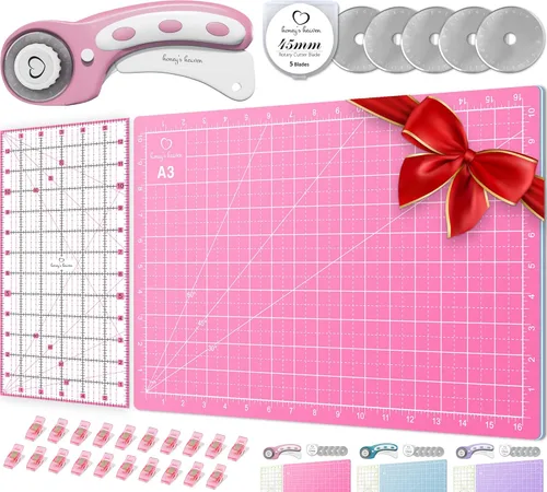 Miniatura 16 de Juego de cortador giratorio - Kit de acolchado incl. Cortador de tela de 45 mm, 5 cuchillas de repuesto - Ideal para manualidades, costura, parcheo
