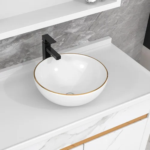 Fregadero de recipiente blanco redondo - Fulorni 33x33 cm Lavabo de baño de cerámica de porcelana con borde dorado sobre encimera, fregadero de