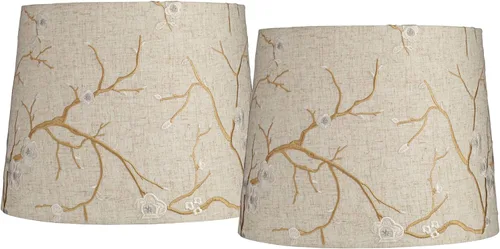 Juego de 2 pantallas de lámpara de impresión de tambor de tapa dura (premontada), flor de ciruela beige, grande, 12 pulgadas, parte superior x 14