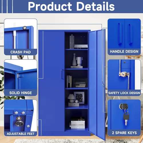 Miniatura 5 de Gabinete de almacenamiento de metal para garaje, gabinete de almacenamiento con bloqueo de 71 pulgadas con 2 puertas y 4 estantes ajustables, Azul