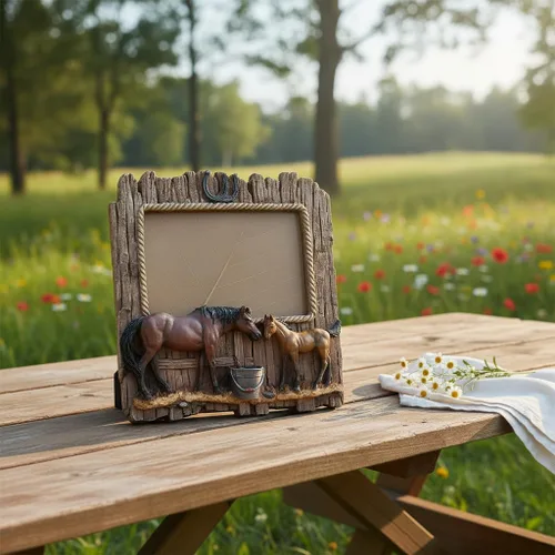 Miniatura 5 de Comfy Hour Marco de fotos de figura de caballo doble de 7.48 x 7.75 pulgadas, estilo rústico, antiguo, estilo occidental, decoración del hogar