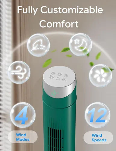 Miniatura 34 de ZAFRO Ventilador de torre inteligente para dormitorio, ventilador de torre oscilante de 120°, 28 pies/s de alta velocidad, 12 velocidades, 4 modos