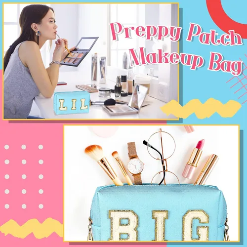 Miniatura 7 de Hillban 2 piezas Big Little Sorority Gifts Preppy Bolsa de cosméticos de piel sintética con parche de letras, bolsa de maquillaje portátil con bolsa