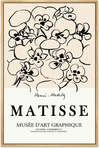 Zzudis Lienzo enmarcado de Matisse, arte para pared, lienzo neutro de algodón Matisse, pinturas de líneas botánicas minimalistas beige para sala de