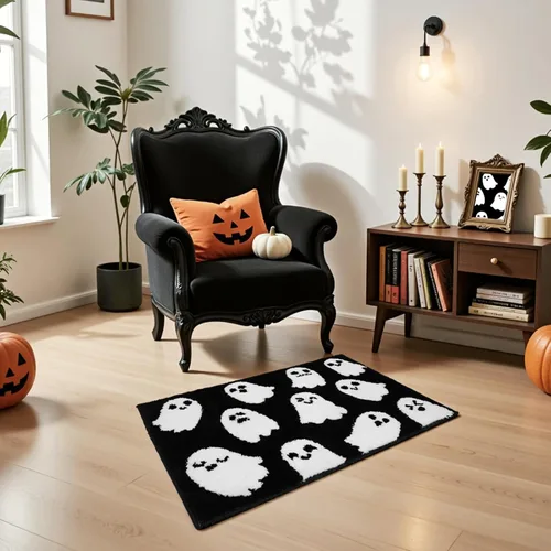 Miniatura 7 de Lindameler Alfombra de baño de Halloween, espeluznante alfombra de baño de fantasma blanco y negro para decoración de baño de Halloween