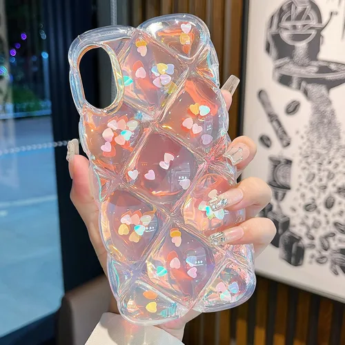 Miniatura 4 de Qokey Funda para iPhone XR de 6.1 pulgadas, lindo láser gradual Bling Love Heart Glitter Clear+Translucent Card Soft Wave Frame Anticaída 3D gruesa