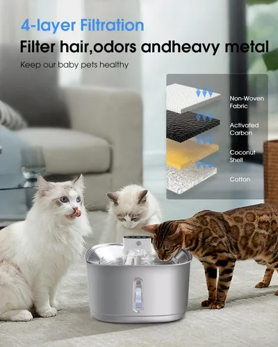 Miniatura 3 de Fuente de agua inalámbrica para gatos de acero inoxidable, fuente de agua inteligente para mascotas, 3.2L/108 onzas con filtros y 2 cabezales