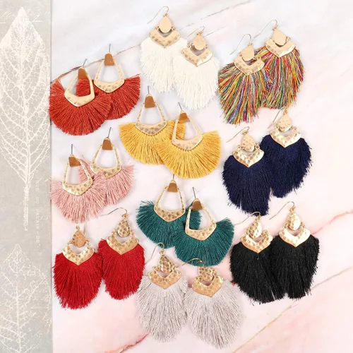 Miniatura 5 de Aretes bohemios colgantes con flecos de hilo sedoso, ligeros, en forma de plumas