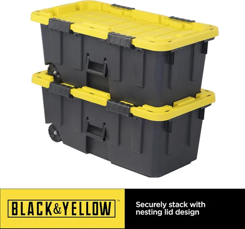 Miniatura 7 de Caja resistente negro y amarillo, 20 galones con ruedas, interior/exterior, resistente (paquete de 2)