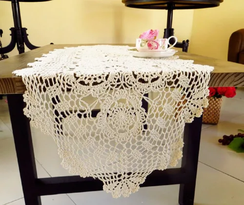Miniatura 7 de Camino de mesa de encaje de ganchillo hecho a mano, de algodón, ovalado, tapete, tocador, bufanda, decoración, 15 x 27 pulgadas, beige