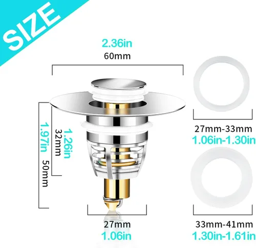 Miniatura 8 de Paquete de 2 tapones universales para lavabo de baño, tapón de drenaje desplegable para lavabo, filtro de drenaje para lavabo de 1.06 a 1.61