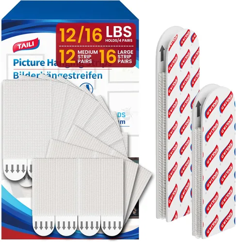 TAILI Tiras para Colgar Cuadros de Servicio Pesado, 16 Pares Grandes y 12 Medianos (28 Pares, 56 Tiras) Kits de Colgadores de Marcos para Paredes,