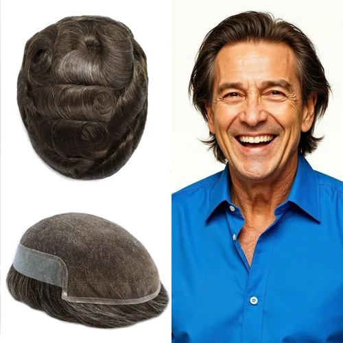 Toupee - Pieza de cabello humano real, sistema de reemplazo de encaje suizo suave para hombre, pieza de pelo de tupé, protesis capilar para hombre