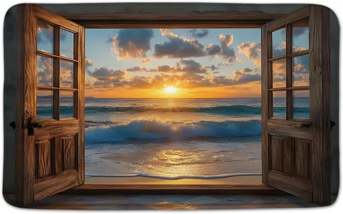 Miniatura 3 de Alfombra de baño con puerta de madera marrón con diseño de océano, playa, paisaje hawaiano, olas de mar, estilo retro, granero, tablón de madera