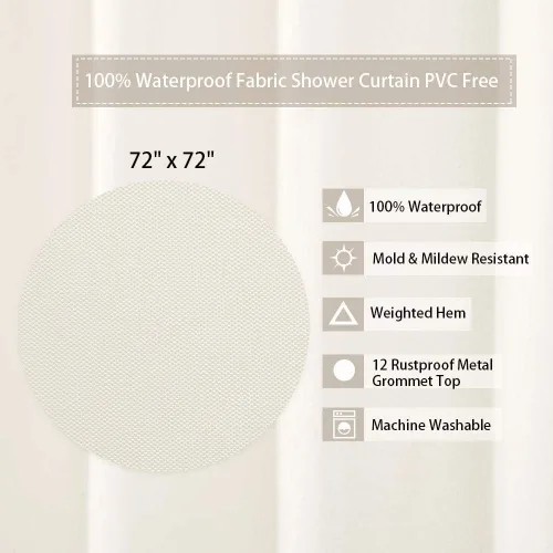 Miniatura 2 de Cortina de ducha de tela 100% impermeable con imanes para baño, 72 x 72 pulgadas, color marfil