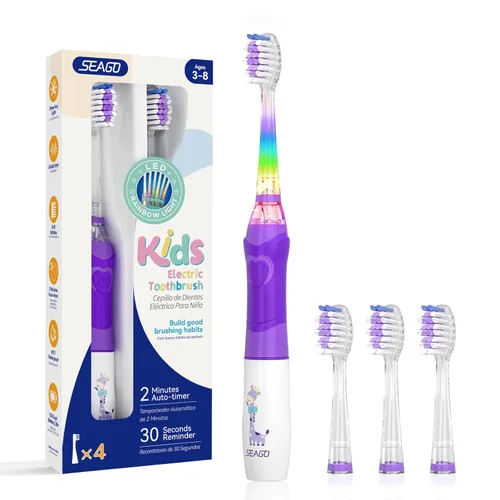 Miniatura 8 de Cepillo de dientes eléctrico infantil, suave, con batería, con temporizador inteligente, resistente al agua, reemplazable, limpieza a fondo para Rosa