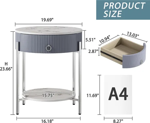 Miniatura 2 de OIOG Mesa auxiliar redonda con cajón, mesita de noche moderna con estante y patas de metal con acabado cromado, mesa esquinera de 2 niveles