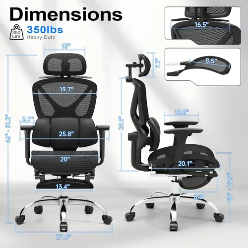 Miniatura 2 de Freepub Silla de oficina ergonómica de malla, silla de escritorio para el hogar, cómoda con soporte lumbar ajustable, reposacabezas y reposabrazos