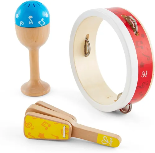 Hape Juego de percusión junior | Juego de instrumentos de percusión de madera de 3 piezas para niños pequeños, E0615