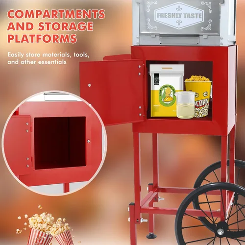 Miniatura 5 de Máquina comercial de palomitas de maíz con carrito y hervidor de 12 onzas, estilo vintage con ruedas de vidrio templado, plataforma de Rojo