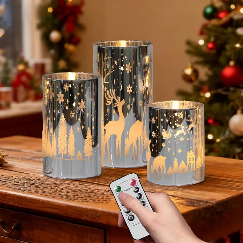 Miniatura 16 de Velas de Cristal sin Llama de Árbol de Navidad con Control Remoto Temporizador Operadas con Batería Cera Real Mecha 3D LED Parpadeantes Velas