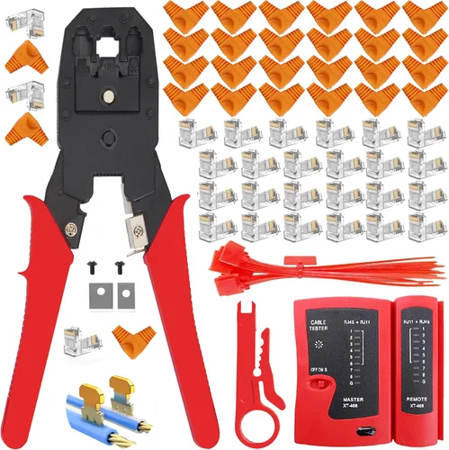 Miniatura 8 de LEATBUY - Herramienta de crimpado CAT5 CAT6, kit de herramienta de crimpado RJ45, 50 conectores RJ45 LAN Ethernet, 50 cubiertas, probador de cables