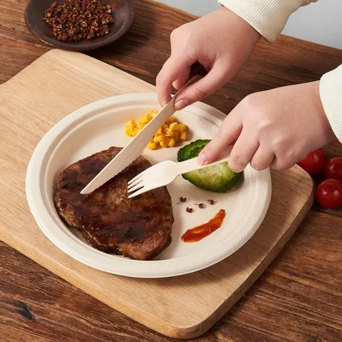 Miniatura 3 de FULING Juego de vajilla biodegradable de 350 piezas, platos de cena desechables, cubiertos de madera, servilletas, material a base de plantas, apto
