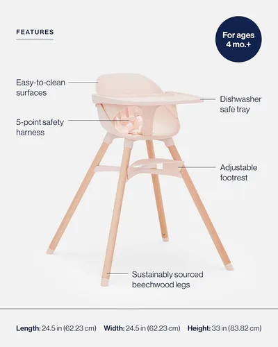 Miniatura 3 de Lalo The Chair - Silla alta convertible 3 en 1 para bebés y niños pequeños, bandeja apta para lavavajillas, reposapiés ajustable, Grapefruit Pomelo
