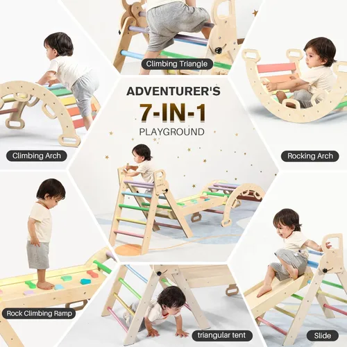 Miniatura 6 de BlueWood Pikler - Juego de triángulos 7 en 1 plegables, juguetes de escalada Montessori de madera con arco y rampa y escalera, escalador para bebés