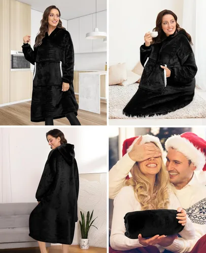 Miniatura 9 de Sendowtek Manta Vestible para Mujeres y Hombres, Sudadera Larga Sherpa con Capucha y Bolsillo Grande, Manta con Capucha Cómoda de Gran Tamaño, Negro