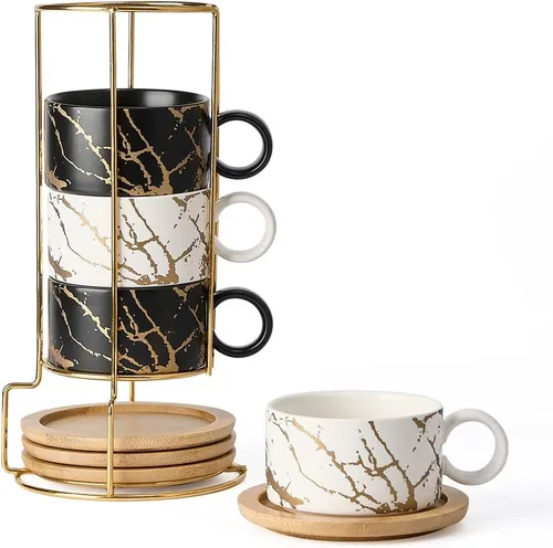 Miniatura 8 de LUKA - Juego de 4 tazas de café espresso apilables de cerámica con tablero de ajedrez en blanco y negro de 6 onzas, con platillos y soporte