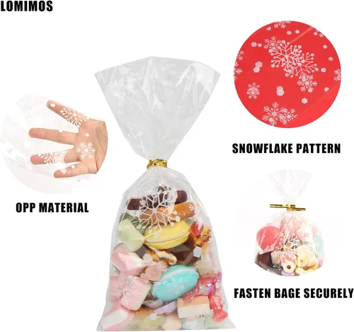 Miniatura 2 de LOMIMOS 120 bolsas de celofán de Navidad, bolsas de plástico transparente para galletas de caramelo con lazos giratorios para vacaciones