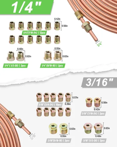 Miniatura 3 de Kit de línea de freno con revestimiento de cobre de 25 pies y 1/4 pulgadas (incluye 16 accesorios y 4 uniones de línea de freno) + kit