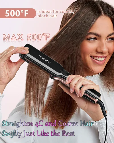 Miniatura 2 de DORISILK Alisador de pelo profesional de alta temperatura de 500 grados, plancha plana ancha de cerámica, alisador y rizador de pelo 2 en 1, plancha