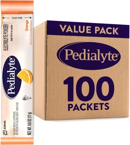 Pedialyte Paquetes de polvo de electrolitos, naranja, bebida de hidratación, 100 paquetes de polvo de una sola porción