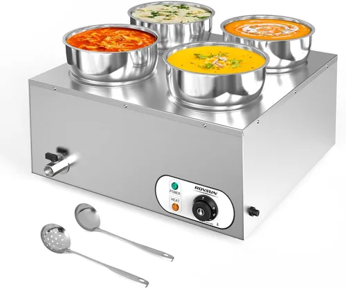 Miniatura 10 de ROVSUN Calentador de sopa eléctrico, mesa de vapor comercial de 15 cuartos de galón, encimera Bain Marie con ollas dobles de 7.4 cuartos de galón