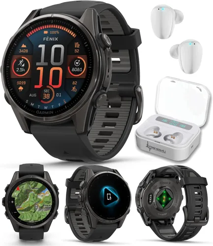 Miniatura 45 de Garmin Fenix 8 – 2 pulgadas, reloj inteligente multideporte GPS AMOLED, zafiro, titanio con banda de silicona naranja brillante/grafito, linterna