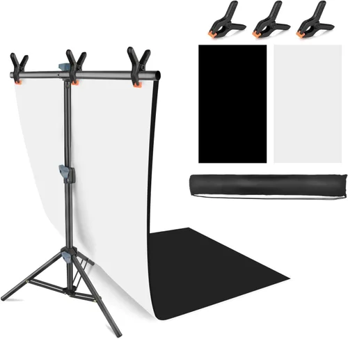 Kit de soporte de telón de fondo para fotos de JEBUTU, fondo de fotos, telón de fondo blanco negro de 26.8x50 pulgadas con soporte de mesa en forma