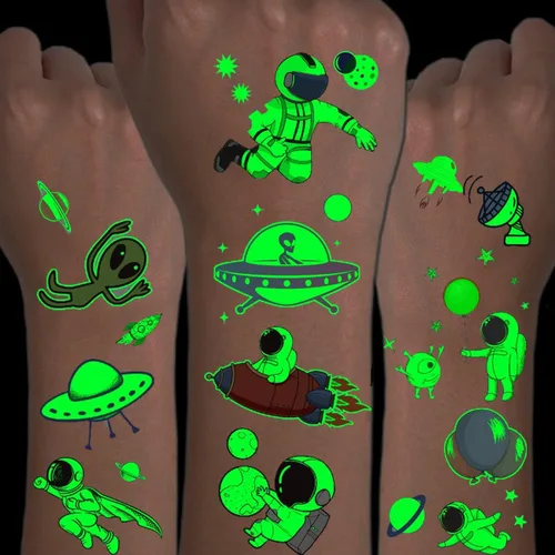 CHARLENT Tatuajes luminosos del espacio exterior para niños, 14 hojas que brillan en la oscuridad, astronauta, planeta, tatuajes temporales para