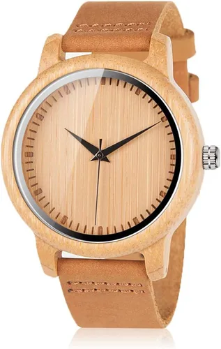 Miniatura 10 de BOBO BIRD Reloj de madera de bambú para hombre y mujer con correa de cuero de vaca marrón, relojes casuales de cuarzo analógico