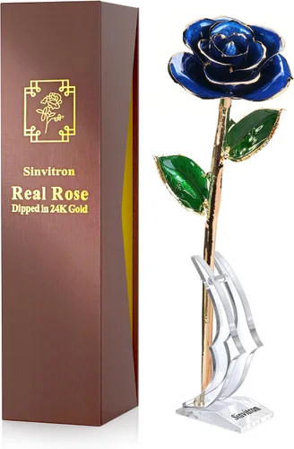 Miniatura 16 de Sinvitron Rosa Infinita Bañada en Oro - Rosa Eternamente Preservada en Resina Flor Eterna para Decoración de Cumpleaños, Día de la Madre, Rojo