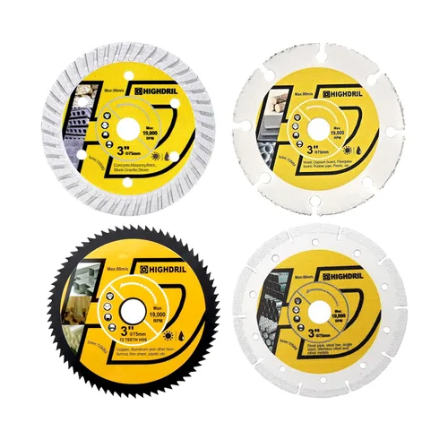 Miniatura 13 de HIGHDRIL Juego de hojas de sierra circular de 3" 75mm, 4 piezas - Disco de corte de diamante/HSS/TCT para amoladora angular para cortar metal