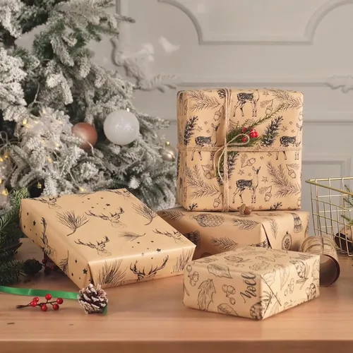 Miniatura 2 de RUSPEPA - Papel para envolver regalos de Navidad, papel kraft café con impresión de elementos navideños negros - 4 rollos de 30 pulgadas x 10 pies