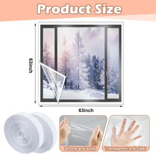 Miniatura 2 de Beeveer Kit de Aislamiento de Ventana de 63 x 63 Pulgadas Película Transparente Cortable con Correas Adhesivas Plástico Reutilizable para Ventana