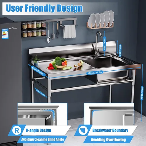 Miniatura 4 de Juego de fregadero de acero inoxidable 304 comercial con grifo para garaje, restaurante, cocina, lavandería, al aire libre, 47.2 pulgadas de ancho x