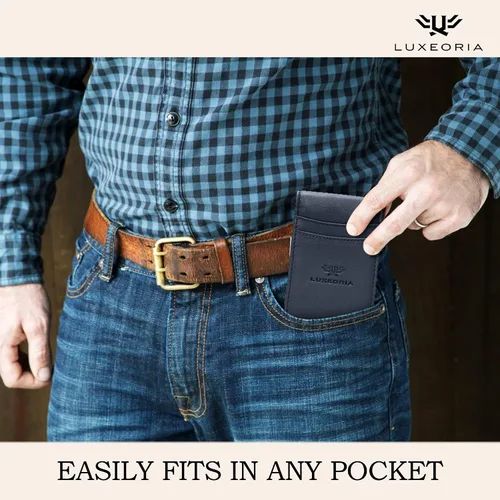 Miniatura 5 de LUXEORIA Cartera de cuero genuino de grano completo para hombre, cartera de viaje hecha a mano, billetera delgada minimalista para hombre, cartera