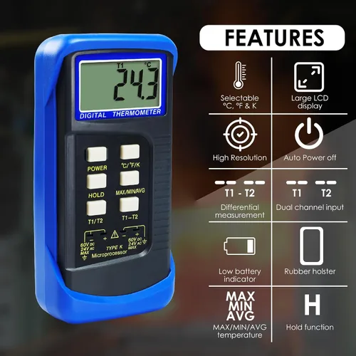 Miniatura 2 de Termómetro de termopar digital tipo K de doble canal Termómetro HVAC Medidor de temperatura con 4 termopares, medición de temperatura MAX/MIN/PROM