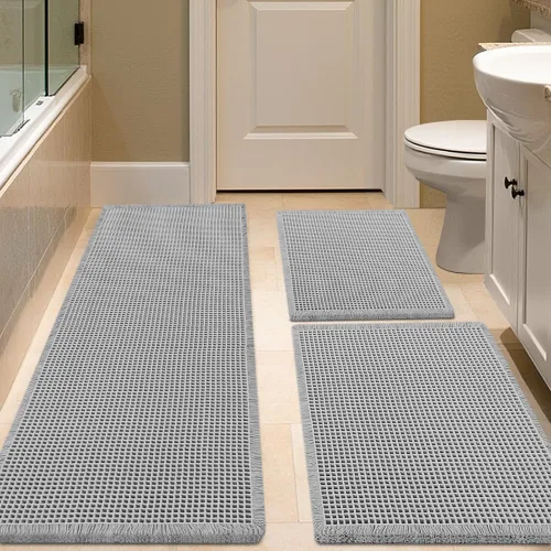 Miniatura 36 de IM HOME Tapete de baño de punto gofre, color caqui, de 24 x 17 pulgadas, tejido bohemio, moderno, absorbente, antideslizante, suave, lavable