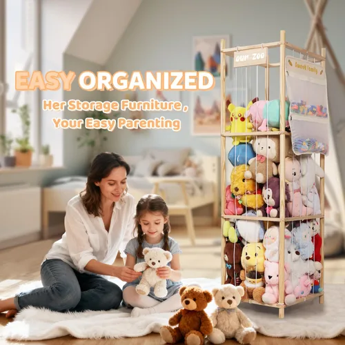 Miniatura 6 de Organizador de almacenamiento de animales de peluche, soporte grande de madera para juguetes de zoológico con bolsillos, peluches, almacenamiento